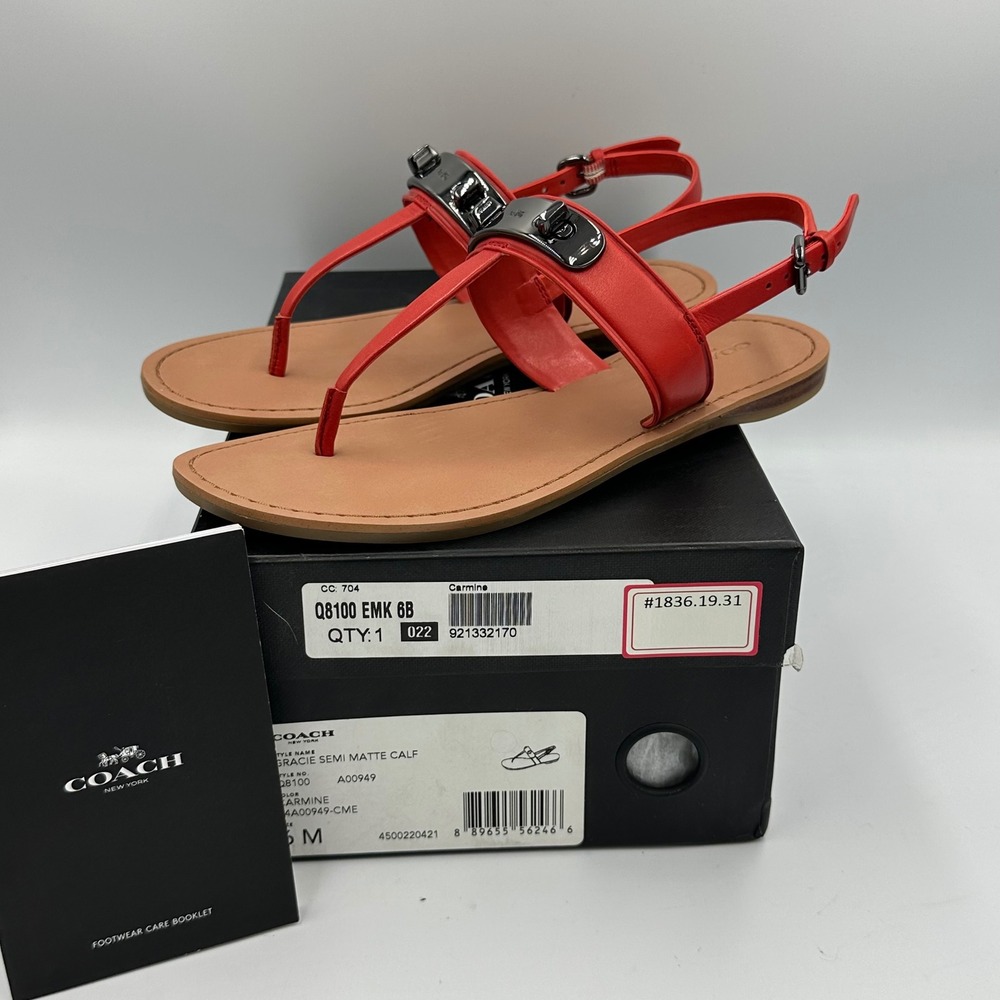 Coach Red Leather T-Strap Sandals